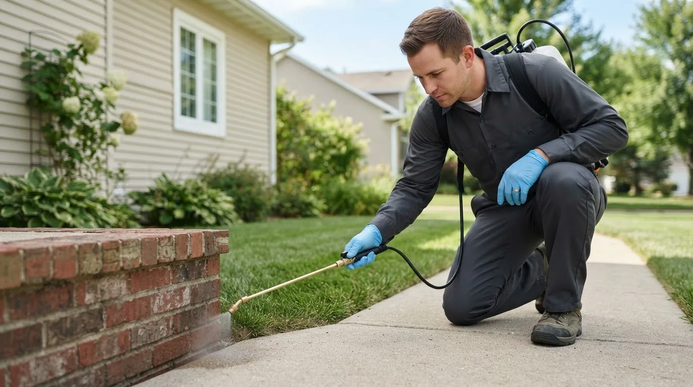 Pest control technician treating a home near Colfax, IA