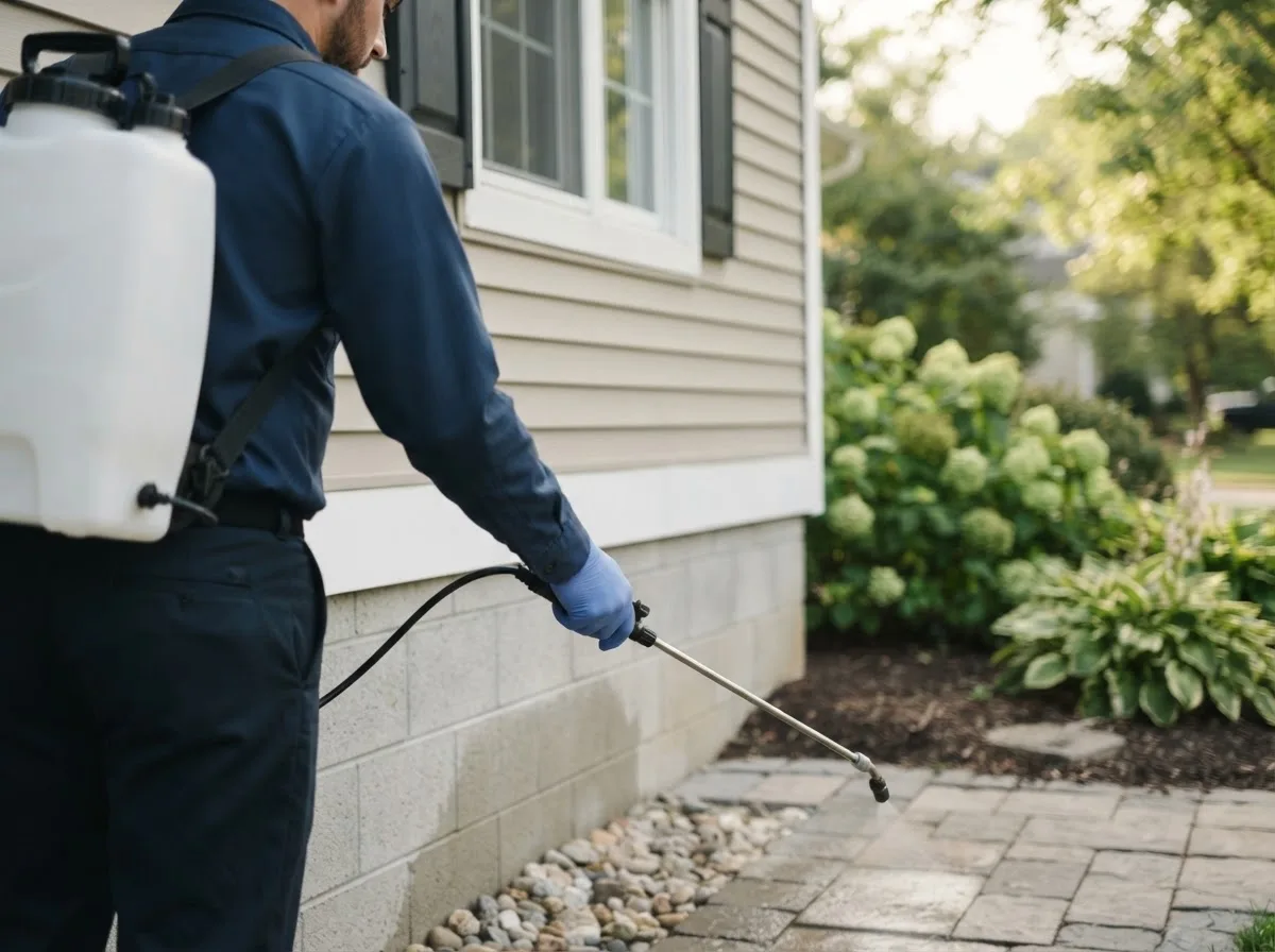 Pest control technician inspecting a home in Colfax, IA